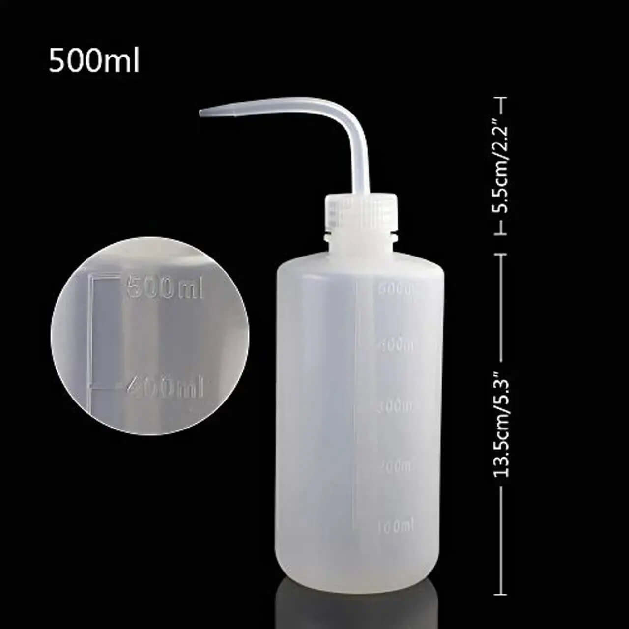 Wash Bottle LDPE 500 mL solvent safe for laboratory use, flexible and lightweight with measurement markings, ideal for storing fluids.