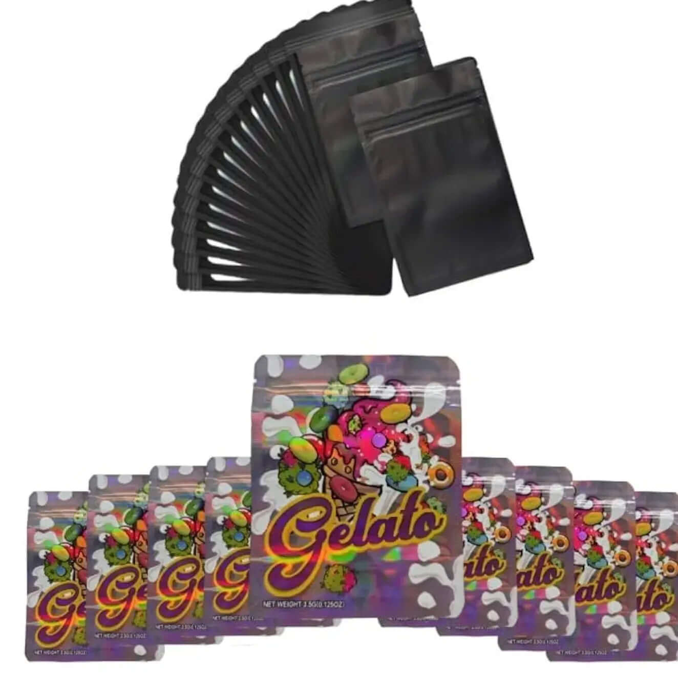 Printed 3.5g Resealable Mylar Bags 10 pack with colorful design and branding.