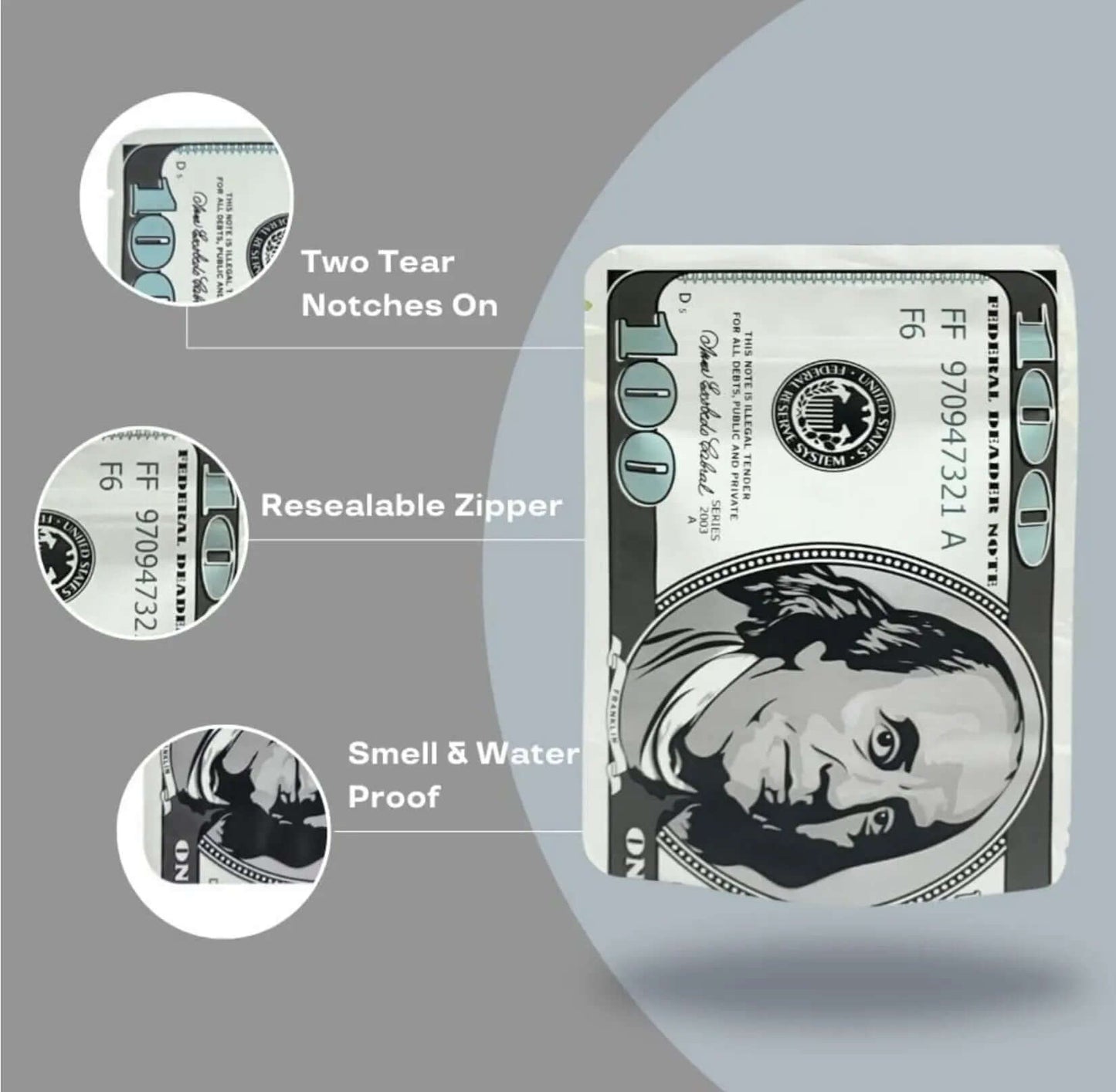 100 dollar bill printed mylar bags 3.5g featuring resealable zipper and waterproof design with tear notches