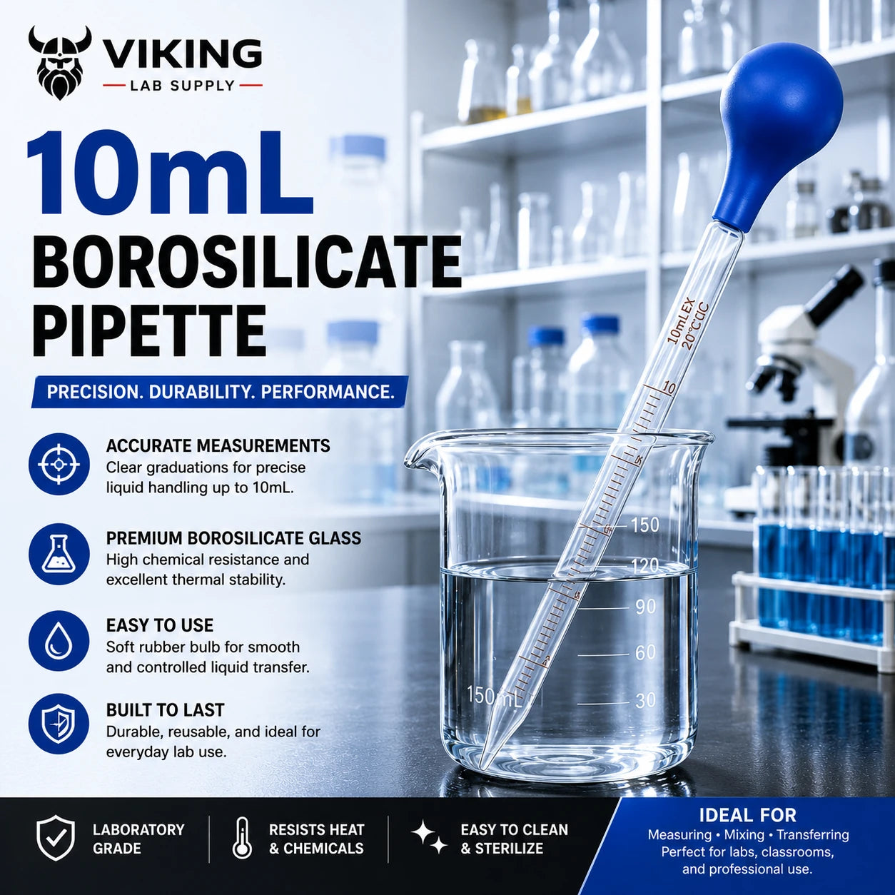 10mL Borosilicate Pipette Dropper with measurements and blue rubber bulb alongside laboratory beaker in a lab setting, available at Viking lab supply.