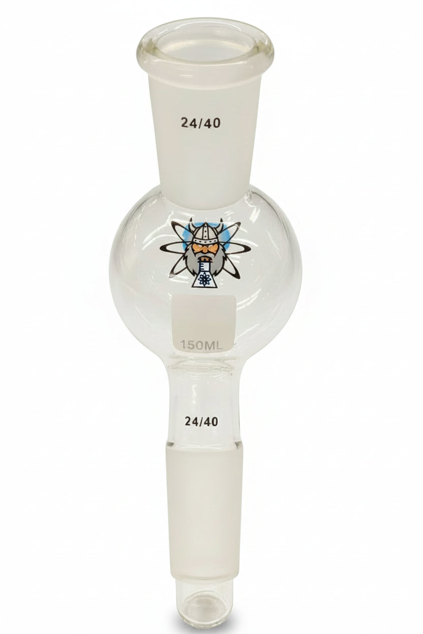 Short path distillation receivers made from 3.3 borosilicate glass, 24/40 joints and featuring high durability and thermal shock resistance for labs.