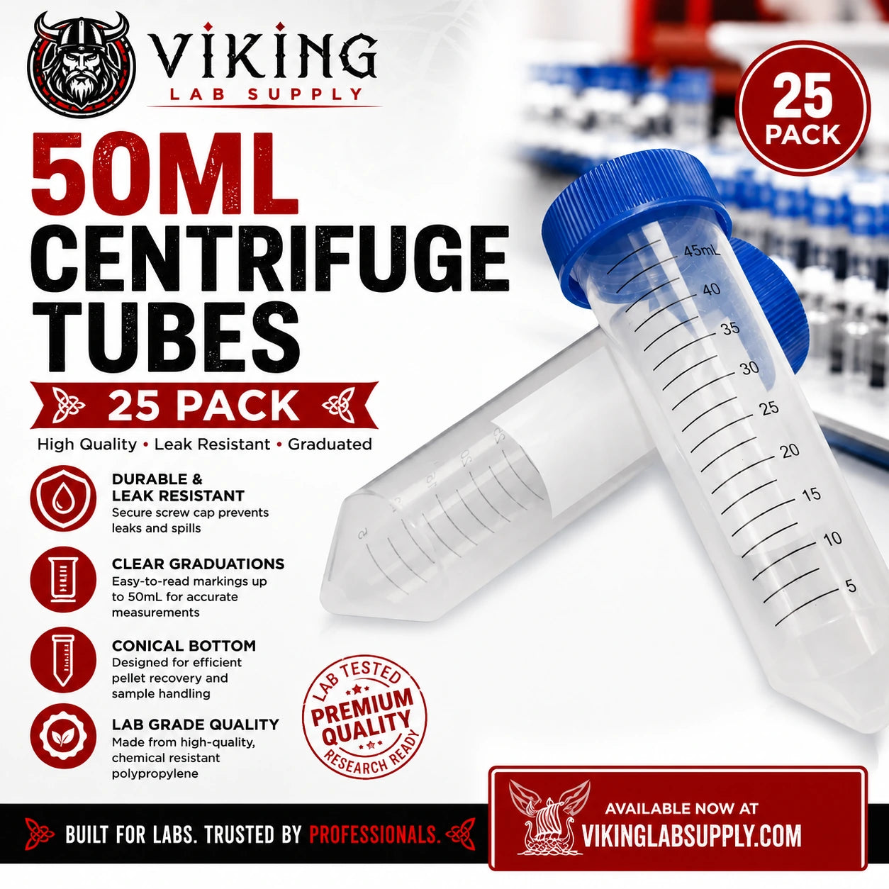 Promotional graphic for a 25-pack of Viking Lab Supply 50ml centrifuge tubes. The image features a close-up of a clear plastic tube with a blue cap in the foreground, with a blurred background of more tubes.