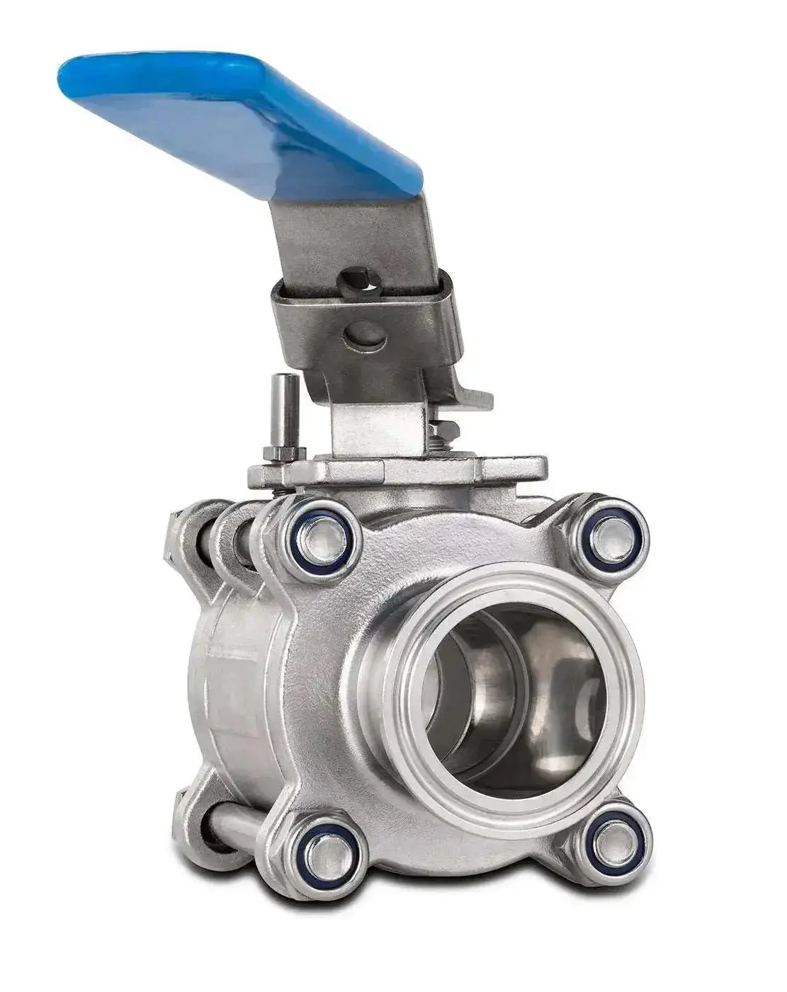 Close-up of 316L SS Tri-Clamp Ball Valve for CLS with blue handle
