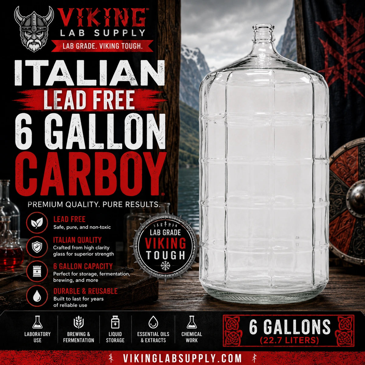 6-gallon clear glass carboy with Viking Lab Supply promotional graphic