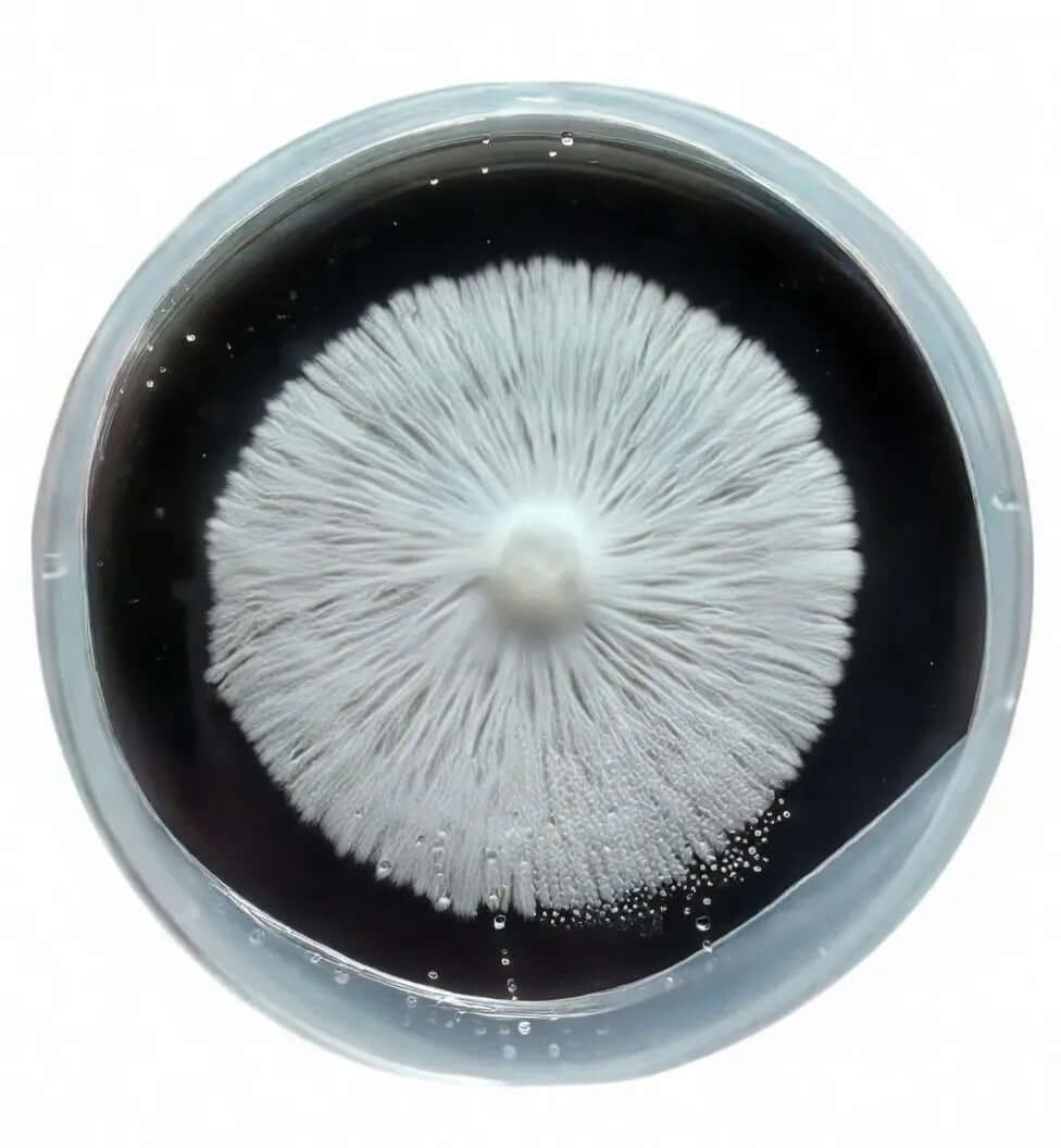 Agar Black for mycology and tissue culturing in petri dish highlighting white mycelium on black medium for contamination spotting.