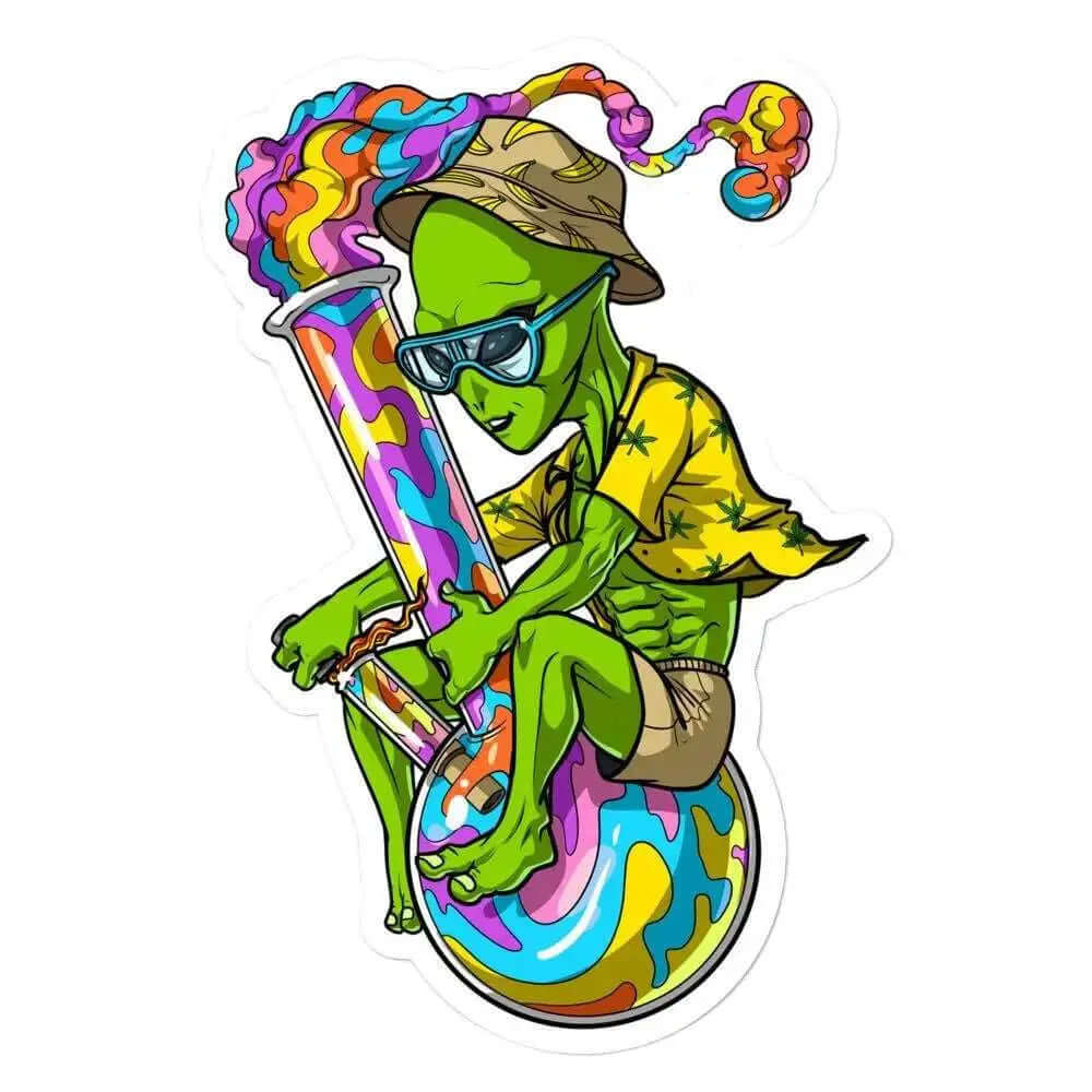 Alien Bong 4 inch Glossy Vinyl Sticker featuring a colorful cartoon alien with a bong.
