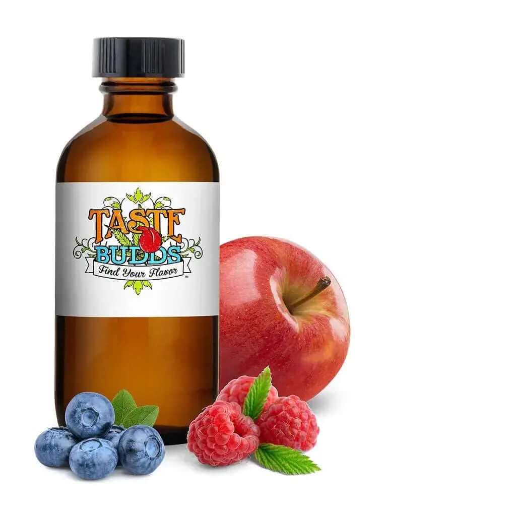 Taste Budds MCT Blend Terpenes bottle with fresh apples, blueberries, and raspberries.