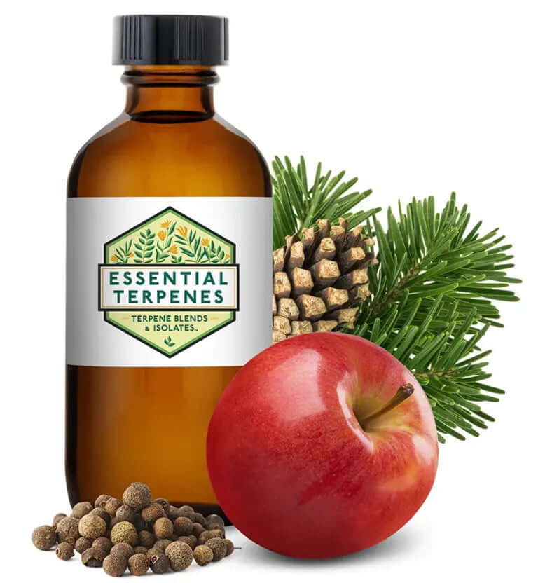 Apple Jack - Essential Terpenes bottle with red apple and pine cones, showcasing rich and sweet aroma profile.