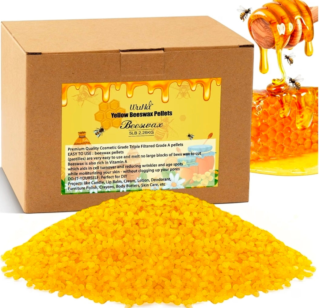 5LB Yellow Beeswax Pellets for candle making, cosmetics, and DIY projects, featuring food-grade, triple-filtered, quick-melting pastilles.