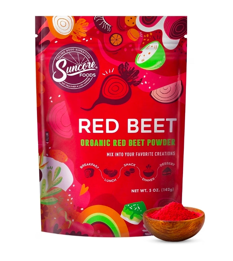 Packaging of Organic Vegan Beet Root Dye with bowl of red beet powder