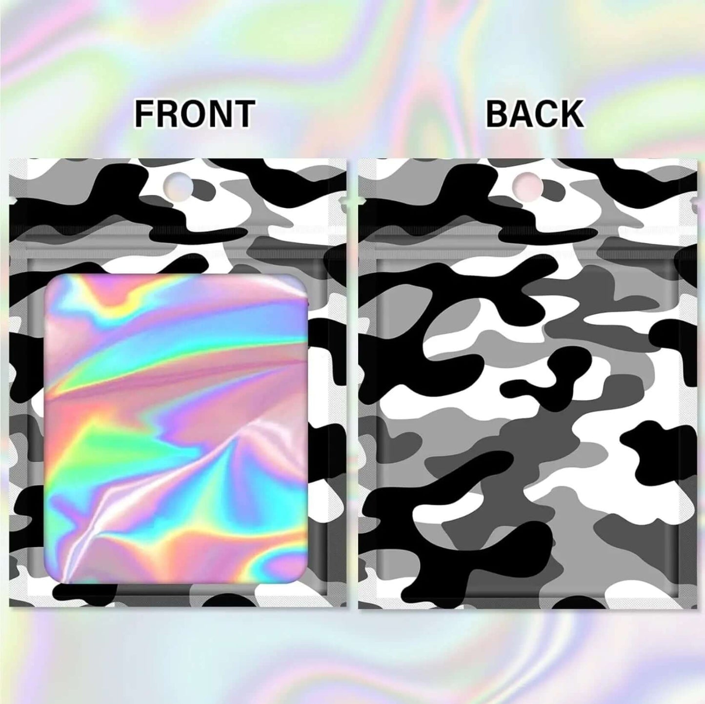 Black and White Camo 3.5g mylar bags - front and back view of resealable packaging.