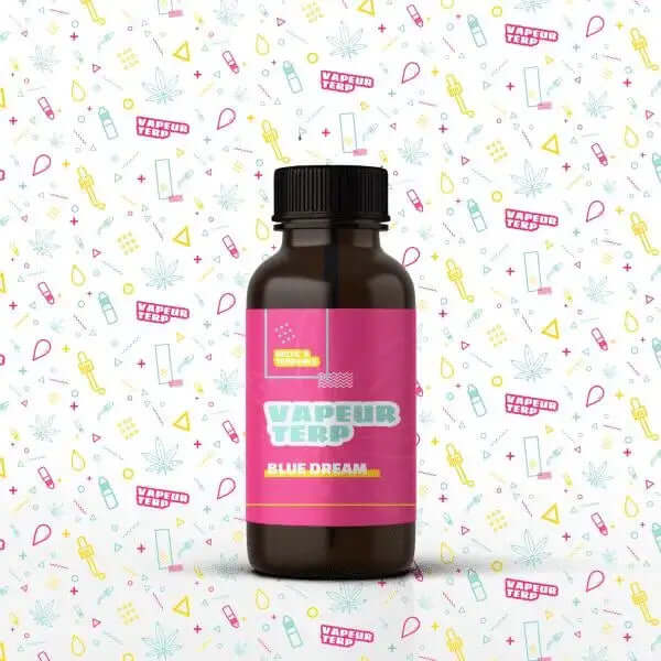 Blue-dream-delta-9-4ml premium terpene blend bottle against colorful pattern background.