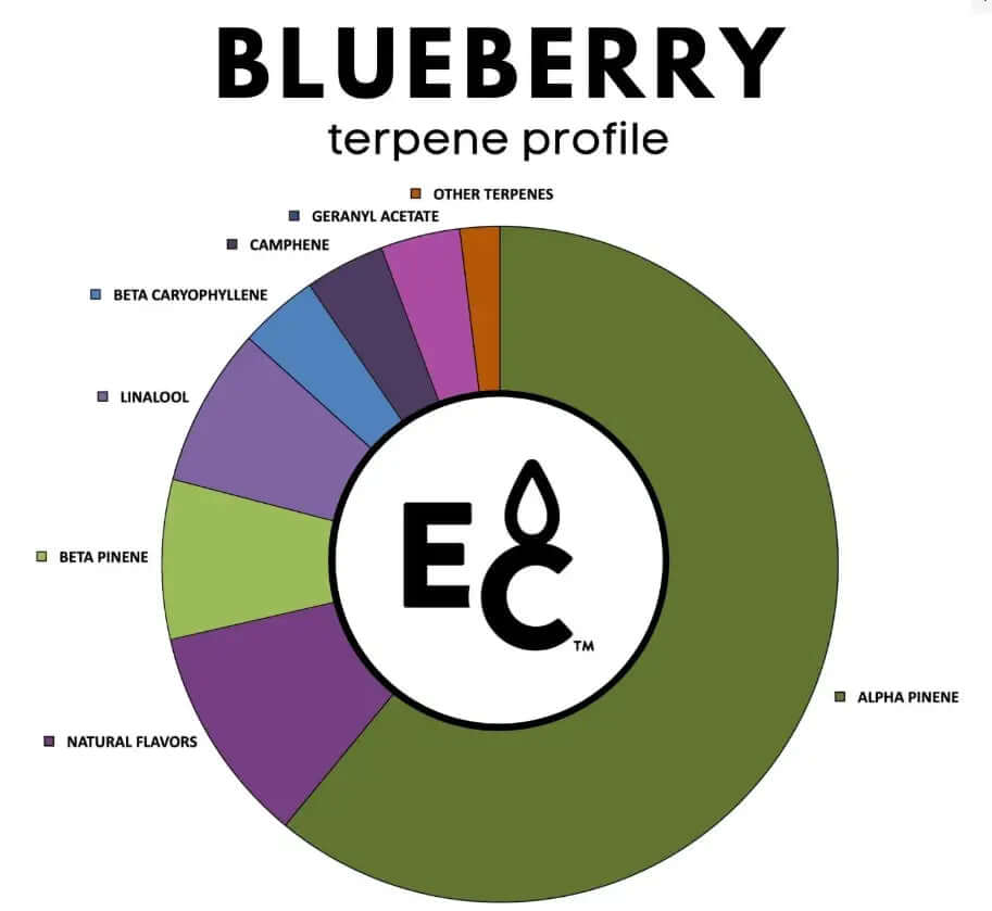 Blueberry terpenes profile chart with alpha pinene, beta pinene, and other components distribution.