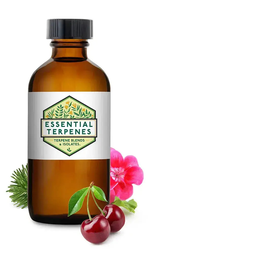 Premium Essential Terpenes All-Natural bottle with floral and cherry accents, 10ml and 15ml options, METRC compliant.