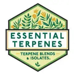 Essential Terpenes logo featuring a hexagon design with text and floral elements.