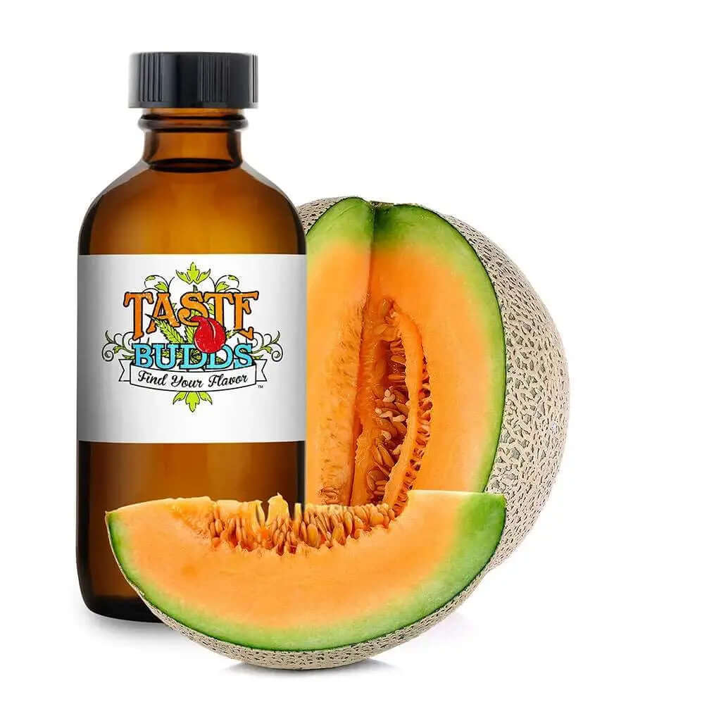 Cantaloupe terpenes MCT Blend by Taste Budds with fresh cantaloupe, offering sweet melon aroma and flavor.