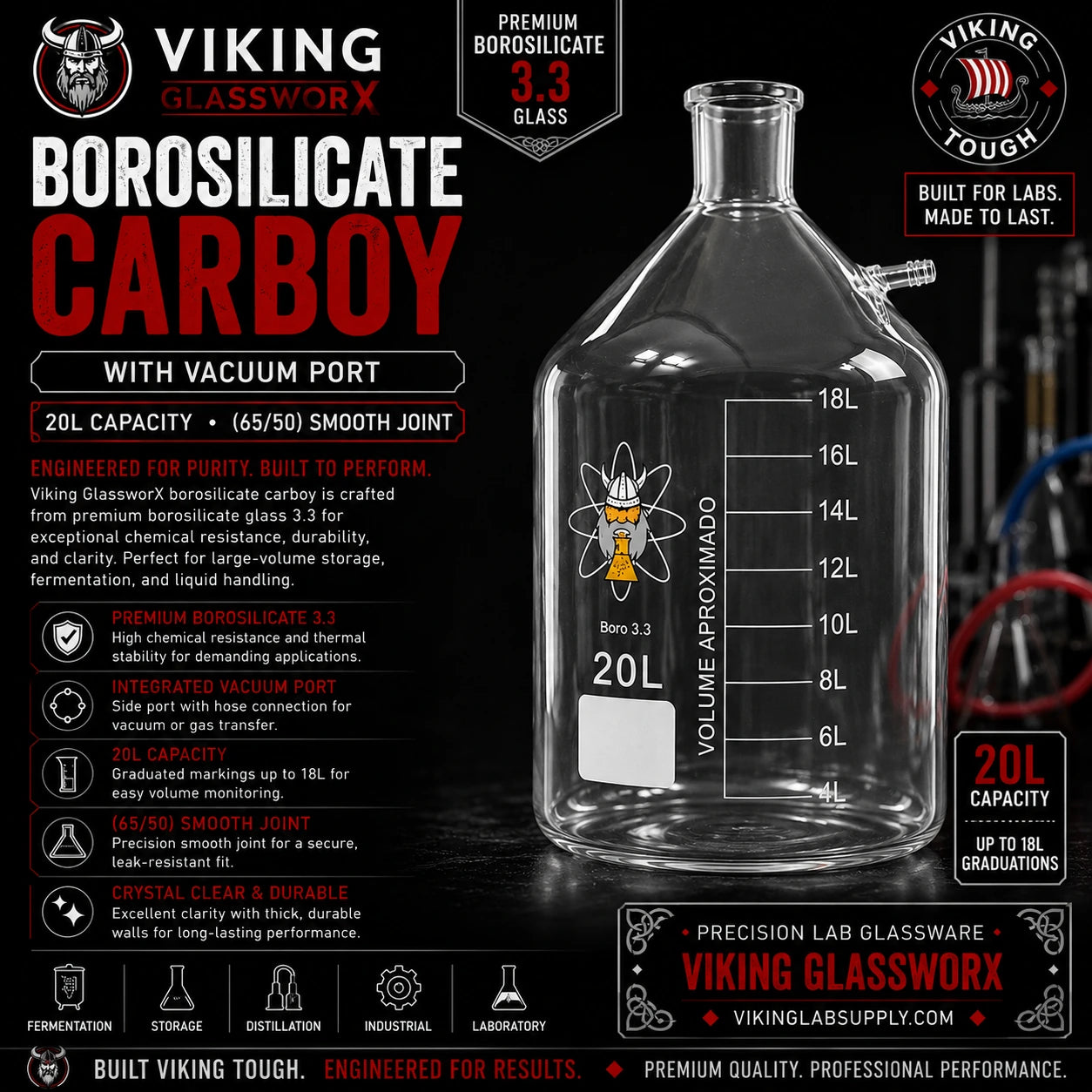 A large clear borosilicate glass carboy with printed volume markings and a side port, shown on a dark promotional graphic background with Viking Glassworx branding and text overlays.