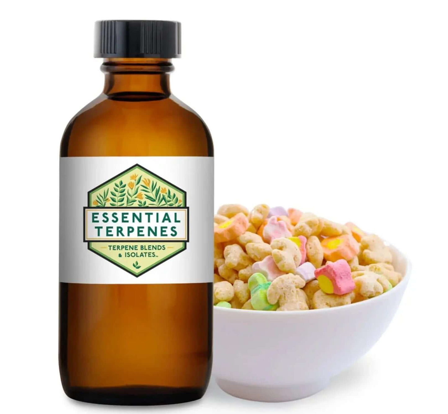 Cereal Milk - Essential Terpenes bottle next to a bowl of colorful cereal, showcasing terpene blends.
