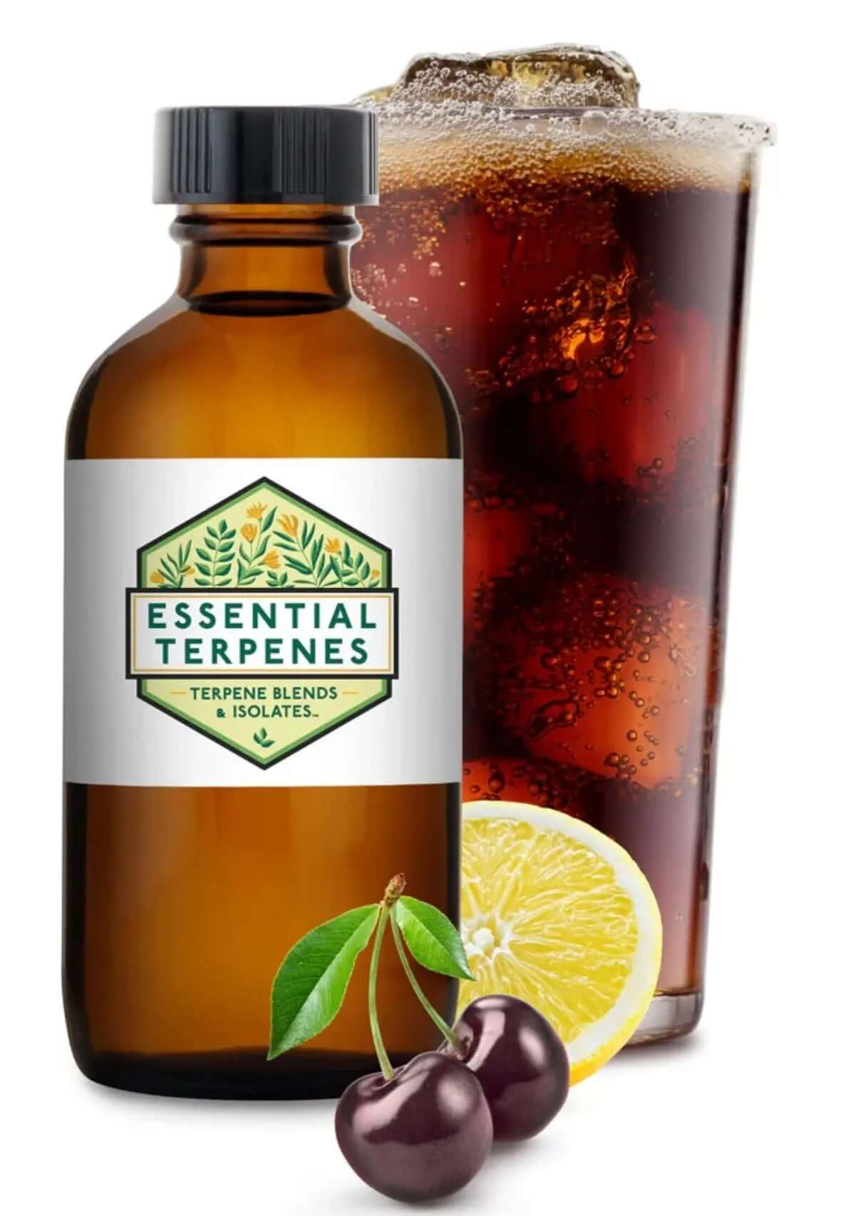Cherry pop essential terpenes bottle with cherry and lemon slices beside a glass of soda.
