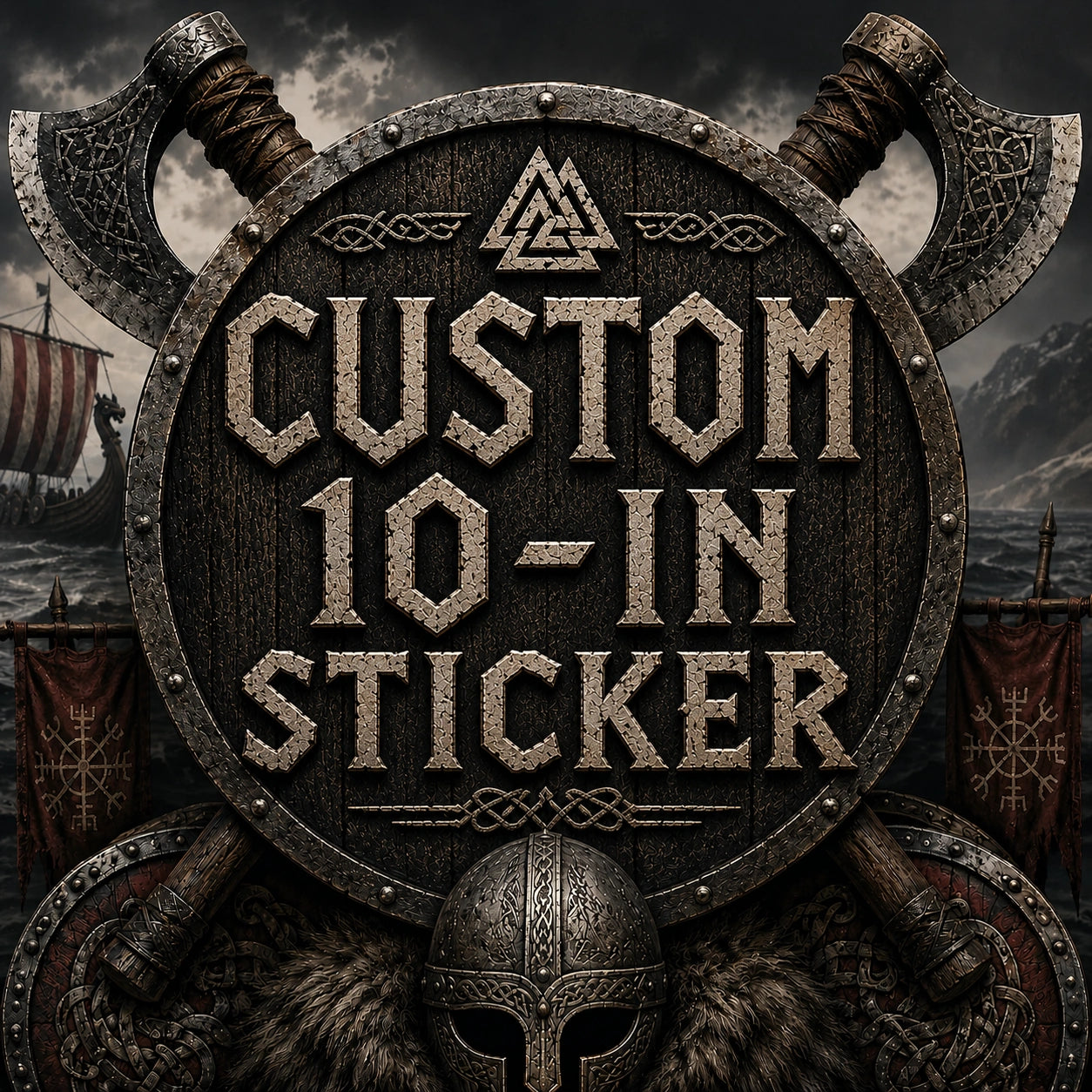 High Gloss Vinyl Sticker - 10 inch with custom Viking-themed design, featuring axes and a shield.
