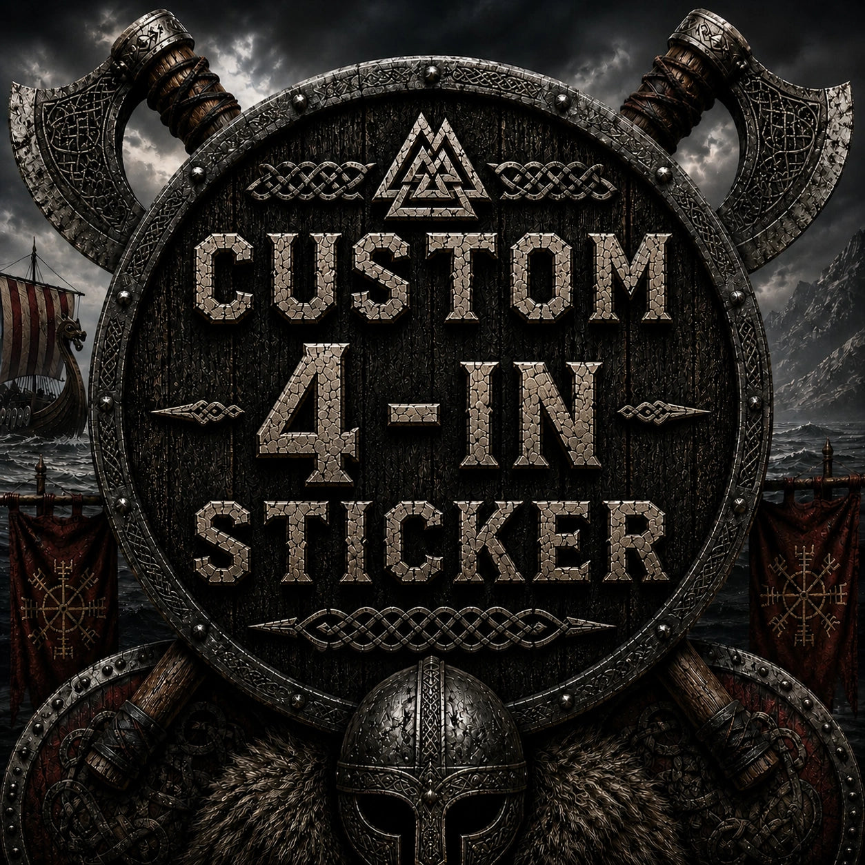 High Gloss Vinyl Sticker - 4 inch featuring a Viking-inspired custom design with axes and shields in the background