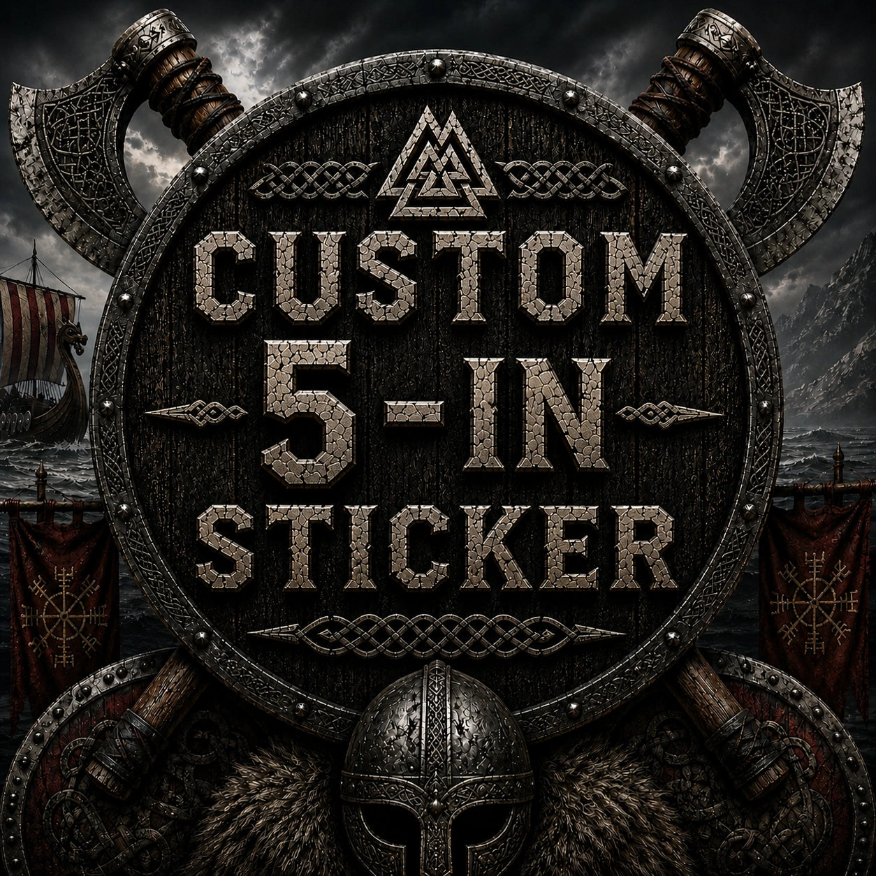 High Gloss Vinyl Sticker - 5 inch custom design with Viking theme, showcasing intricate shield and axe art.