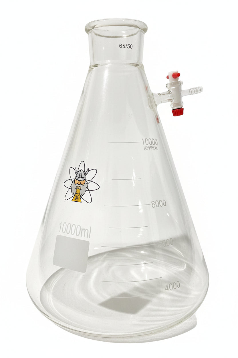 Erlenmeyer Flask w Vac Port 10L borosilicate glass with stop cock valve, 10,000ml capacity, joint size 65/50, ideal for laboratory use