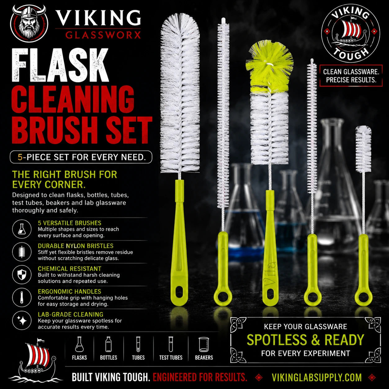 Viking Glassworx Flask Cleaning Brush Set shown on a black promotional background with product bottles, multiple brush and scrubber tools, and large marketing text. Visible brand: Viking Glassworx.