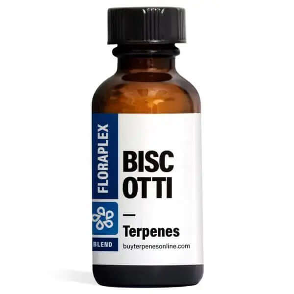 Floraplex Terpenes 15ml bottle labeled BISCOTTI with blend information for aromatic uses.