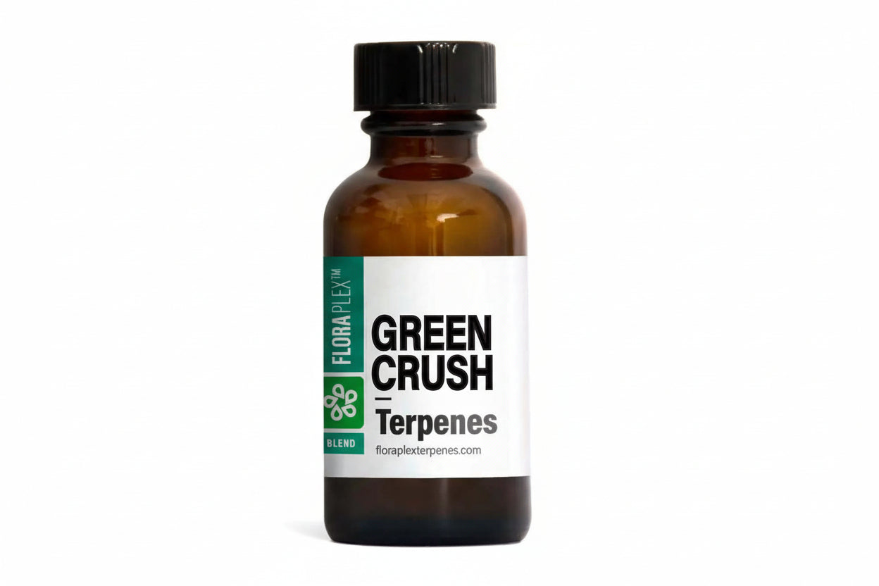 Floraplex Terpenes 15ml bottle of Green Crush terpenes with artisan label and logo.