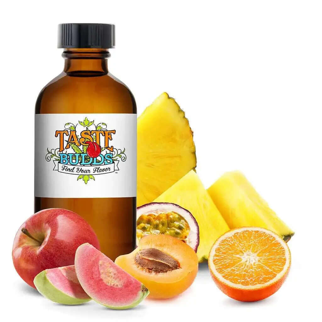Taste Budds MCT Blend Terpenes bottle with assorted fruits including apples, oranges, and pineapple.