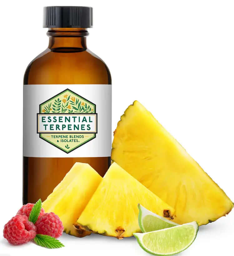 Fruity Pebbles natural terpenes in a brown bottle with pineapple, lime, and raspberries.