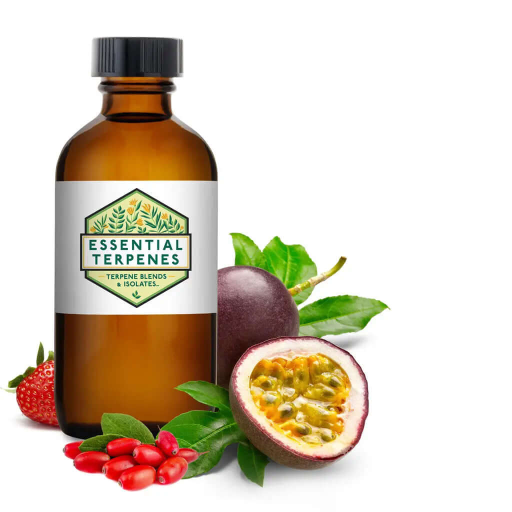 Goji OG Natural High Quality Essential Terpenes premium terpene blend in a bottle with tropical fruits.