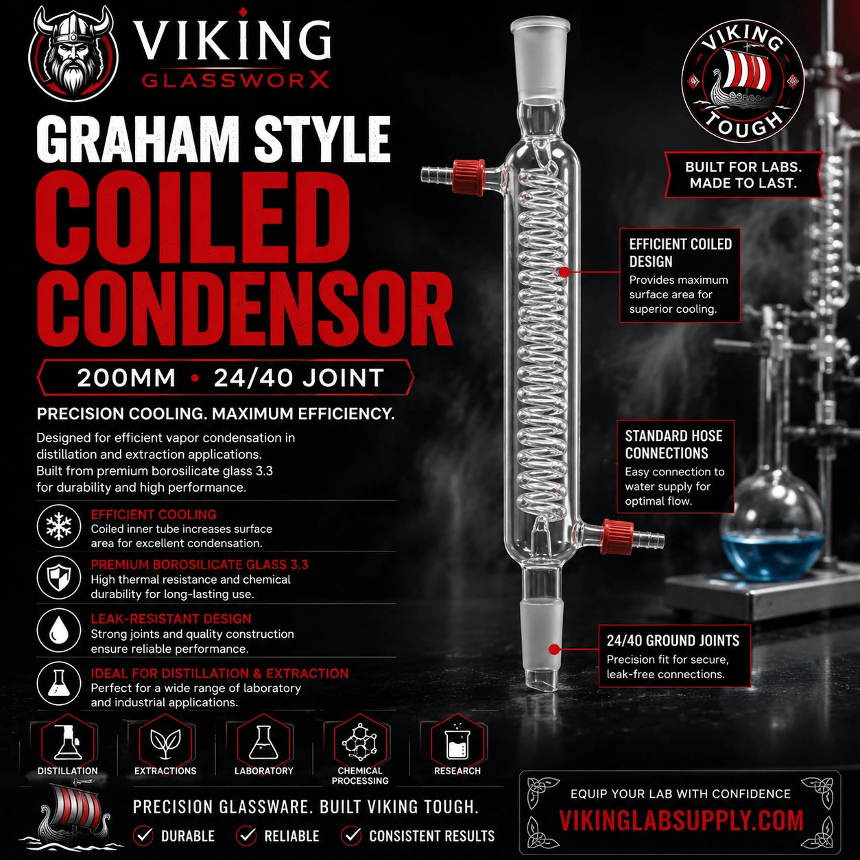 Graham Style Coiled Condensor - 200mm - (24/40) with efficient cooling design for lab distillation and reflux processes by Viking Glassworx.