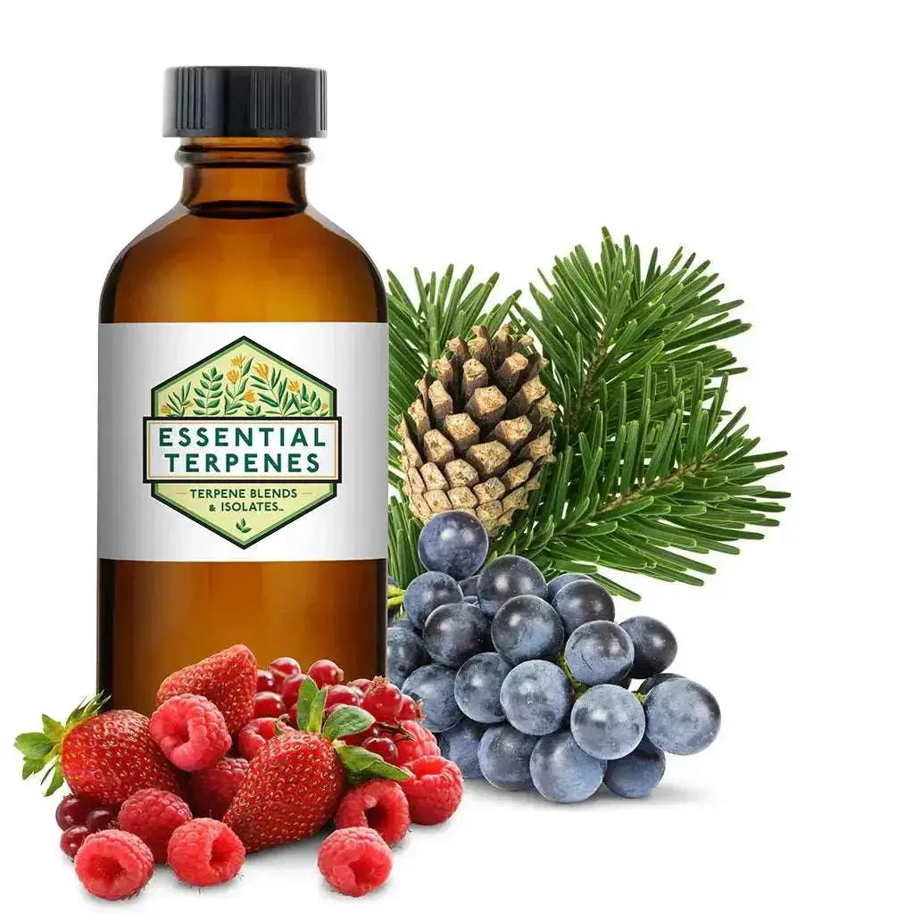 Bottle of Essential Terpenes with grapes, berries, and pine cone, representing Grape Ape terpenes