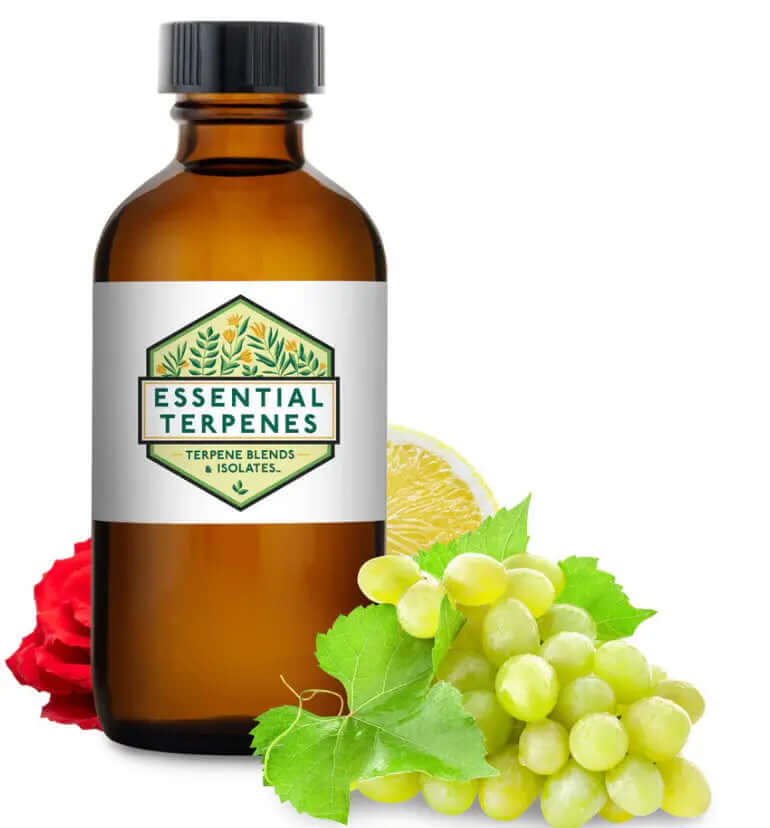 Natural Grape Terpenes in an essential oil bottle with green grapes and lemon.