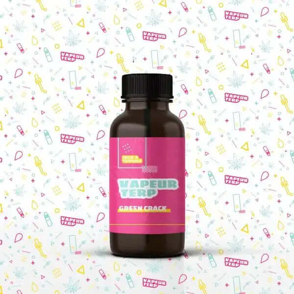 Delta Brand Premium Terpenes Green Crack extract in a stylish bottle with a colorful background.