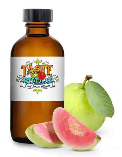 Taste Budds MCT Blend Terpenes bottle with guava slices and green fruit, promoting sensory flavor experience.