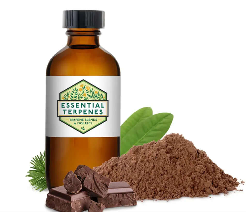 Essential Terpenes Hot Chocolate terpenes bottle with chocolate pieces and cocoa powder