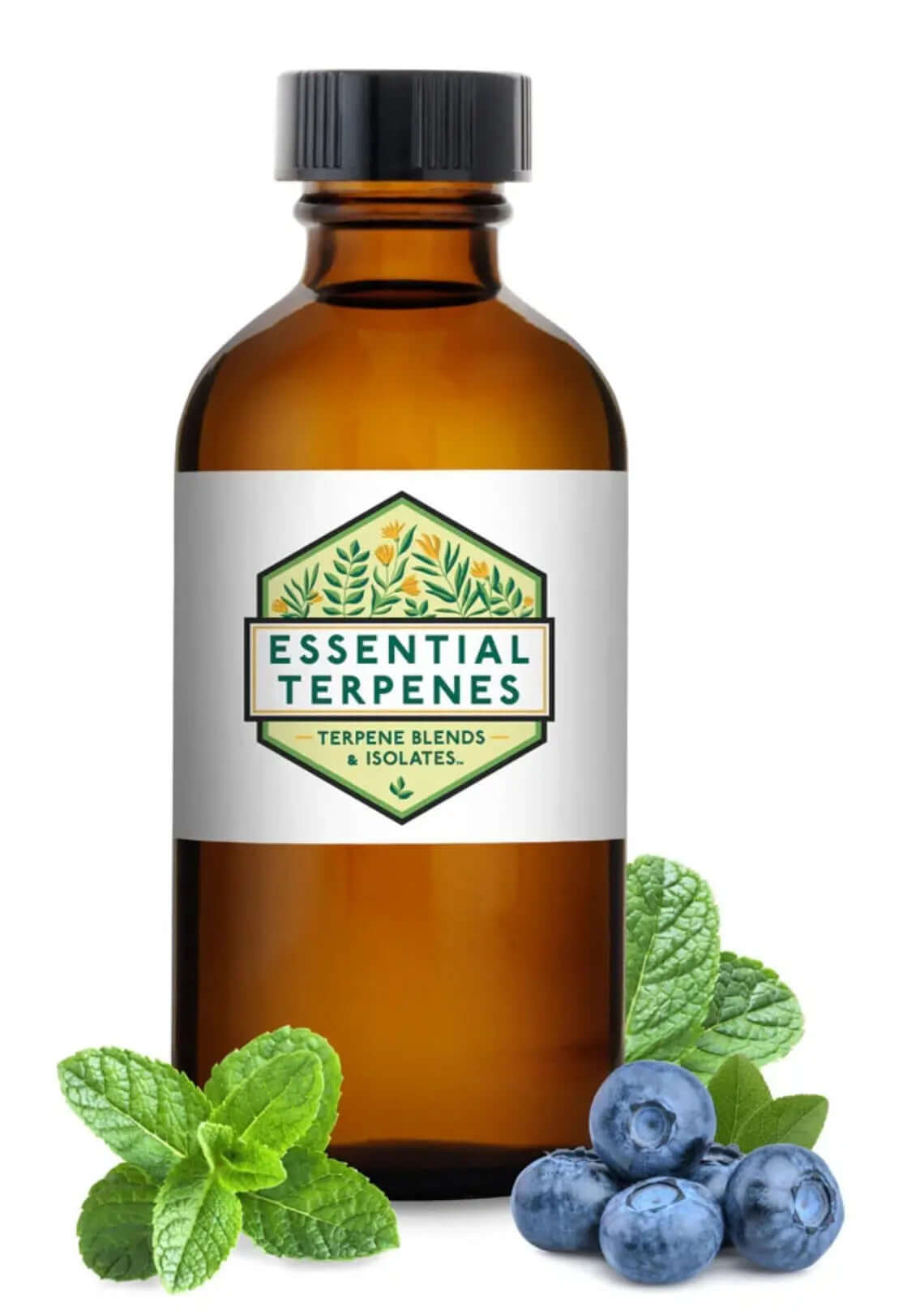 Bottle of Ice blue Essential Terpenes with mint and blueberries