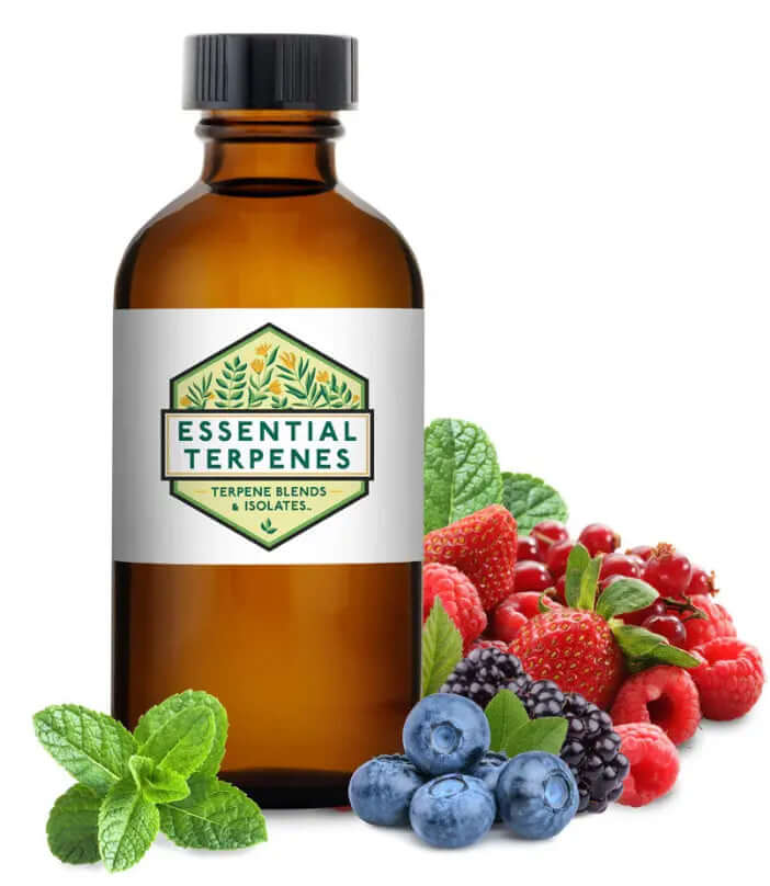 Ice Ice Berry terpenes bottle with mixed berries and mint leaves, showcasing fruity terpene blend.