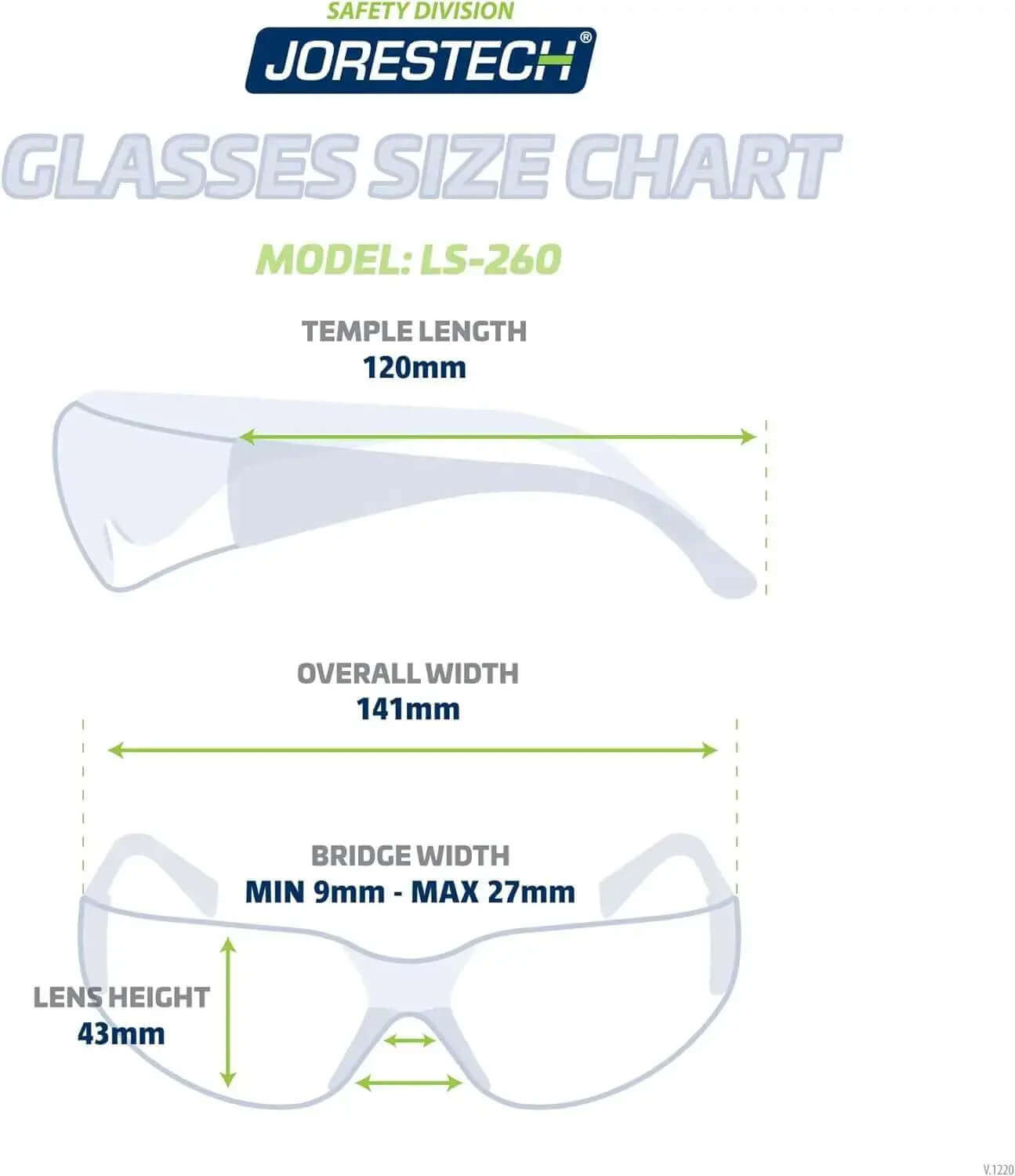 Eyewear Protective Safety Glasses Clear Red size chart showing measurements for JORESTECH model LS-260.