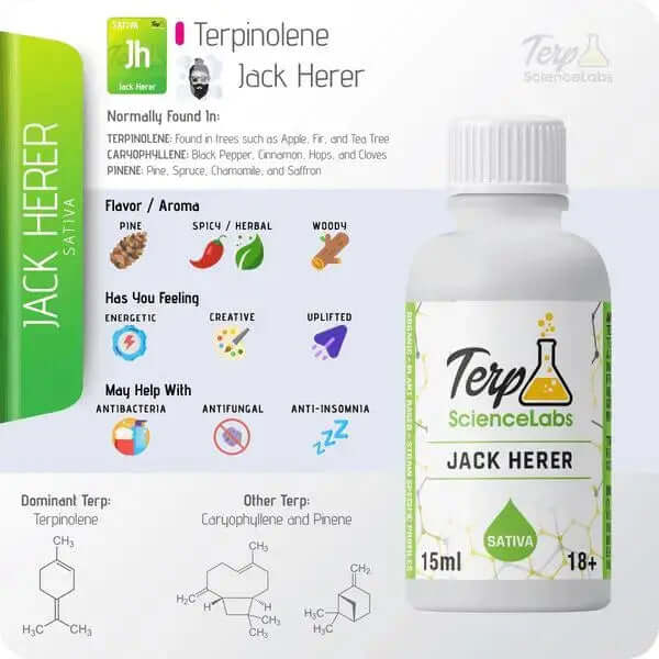 Terp Science Labs Terpenes 15ml bottle showcasing Jack Herer terpenes with flavor and aroma highlights.