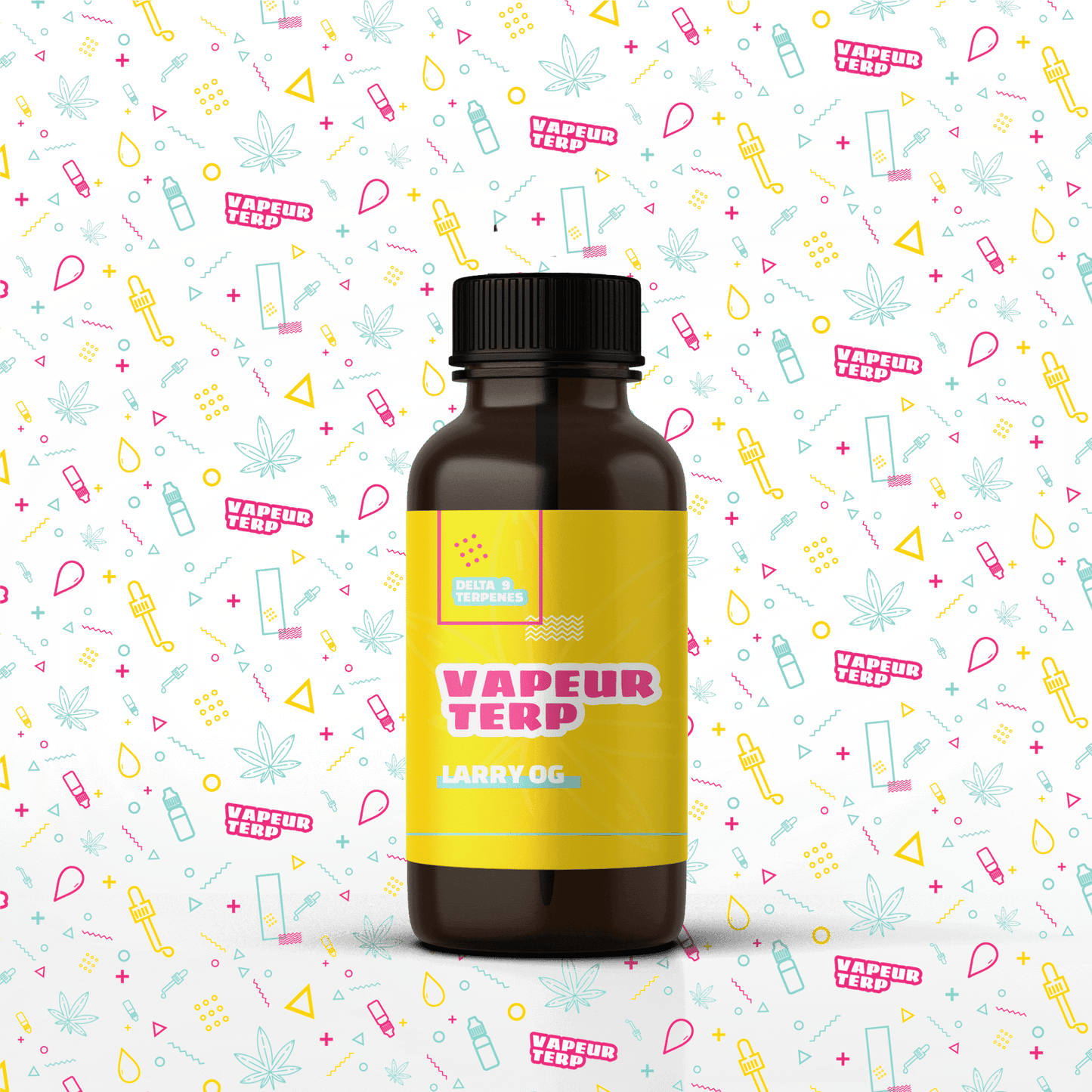 Bottle of Larry OG terpenes from the Delta 9 line on decorative background, ideal for vaping with plant-derived ingredients.