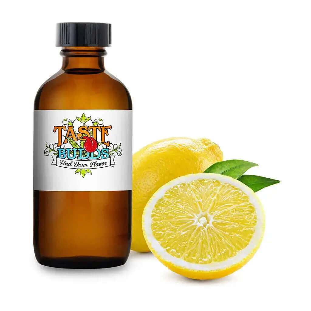 Lemon terpenes MCT Blend by Taste Budds with fresh lemon, offering refreshing citrus flavor.