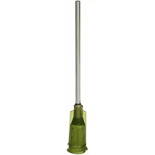 14g luer lock blunt dispensing tip displayed upright, showcasing its 1-inch stainless steel design for accurate dispensing.