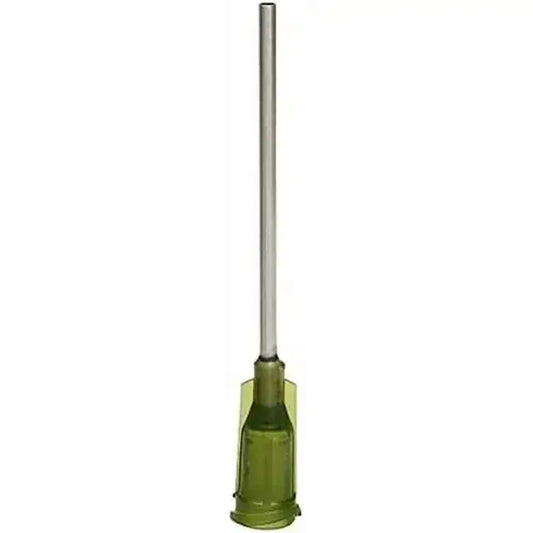 14g luer lock blunt dispensing tip displayed upright, showcasing its 1-inch stainless steel design for accurate dispensing.