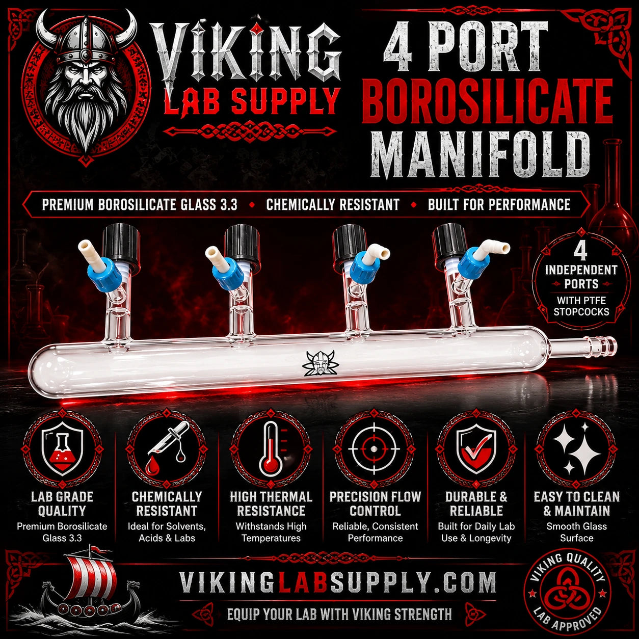 4-Port Vacuum Manifold with GL-14 Connections made of premium borosilicate glass 3.3 for laboratory efficiency and durability by Viking Lab Supply.