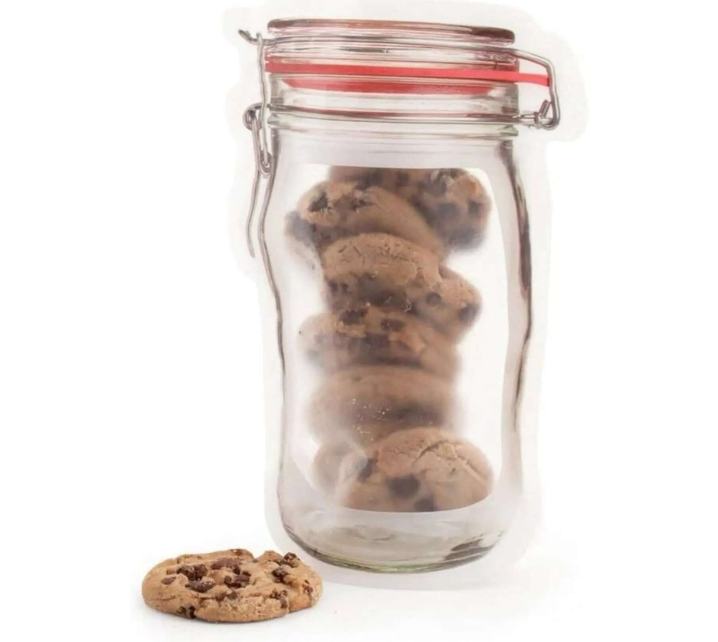 Old style mason jar mylar bag with cookies inside, featuring red ziplock, reusable and smell proof design. Retro food storage solution.