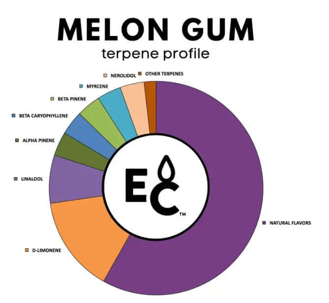 Melon Gum - Essential Terpenes profile chart showing breakdown of various natural flavors and terpenes such as Linalool and D-Limonene